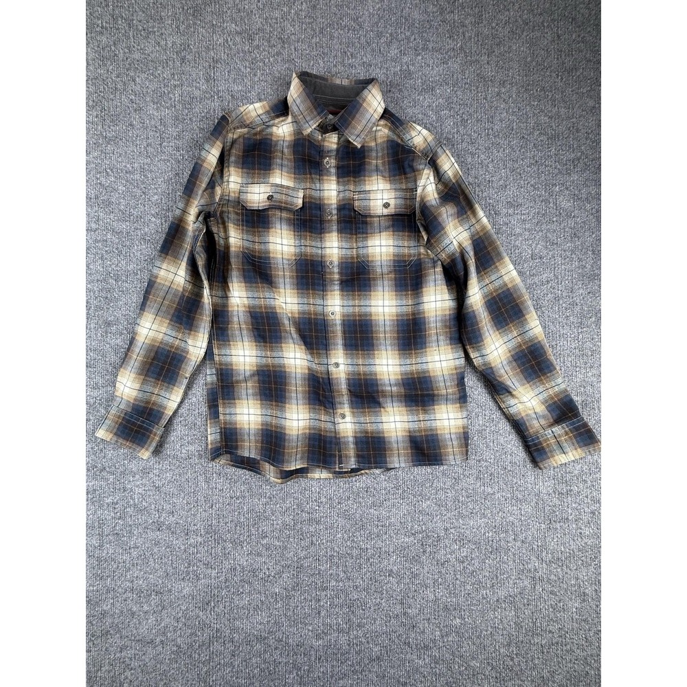 Swiss Tech Mens Small Brown Blue Plaid Flannel Button Up Stretch Shirt SM477118